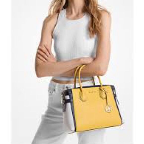 Michael Kors Mercer Medium Color-Block Belted Satchel Navy Yellow NEW - Picture 1 of 9
